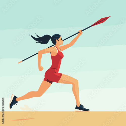 Athletic woman running and throwing javelin against a clear sky  