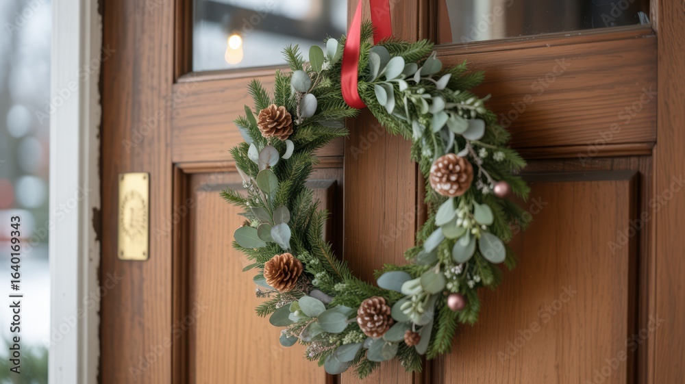 Fototapeta premium Festive Christmas wreath with greenery and red ornaments hanging on wooden door.