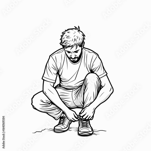 Man crouching while tying shoelaces in simple line art style  