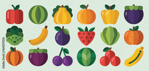 Collection of colorful cartoon fruits and vegetables in a flat design style