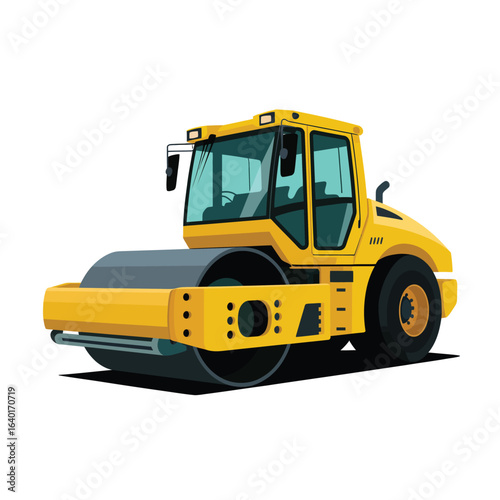 Yellow vibratory roller compactor on white background