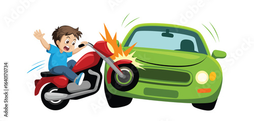 Cartoon motorcycle and car collision with rider waving