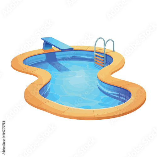 Kidney shaped swimming pool with diving board and ladder