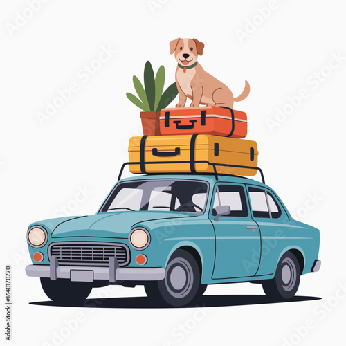 Dog and luggage on a vintage car ready for adventure