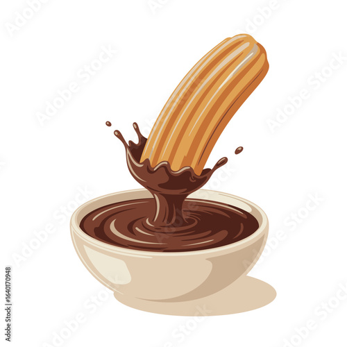 Churro dipped in rich chocolate sauce with splashes