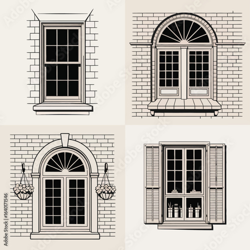Collection of architectural window designs in sketch style