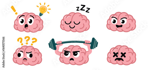 Cute brain characters expressing different emotions and states