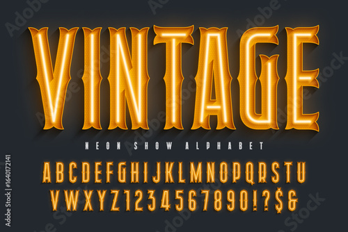Retro circus alphabet design, cabaret, fairy neon lamps letters and numbers.