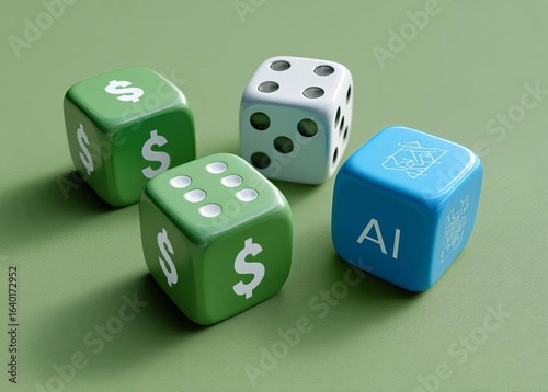 A playful arrangement of dice featuring dollar signs and an AI symbol showcasing fun and chance in a vibrant setting