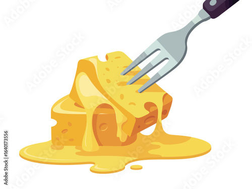 Fork piercing a piece of melting cheese on a white background