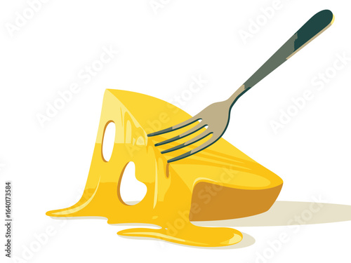 Fork piercing a melting wedge of swiss cheese with holes