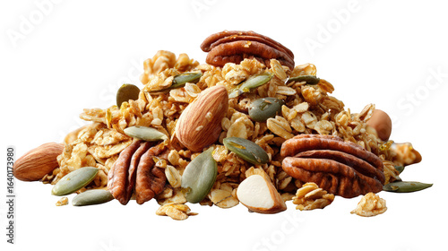 A pile of healthy granola cereal with various nuts and seeds, including almonds, pecans, and pumpkin seeds, on a transparent background