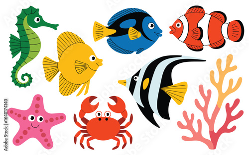 Colorful cartoon underwater sea creatures collection