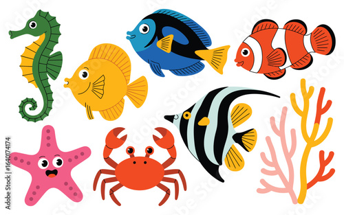 Colorful cartoon ocean life collection featuring fish and sea creatures