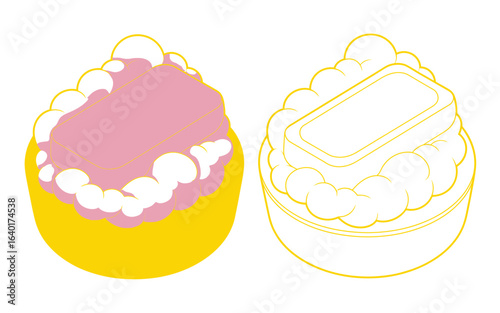 Two stylized illustrations of a dessert with pink topping and white foam