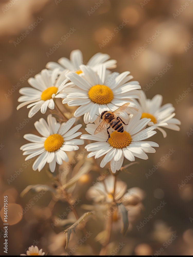 Close-up of a honeybee collecting nectar from white daisies with yellow centers, bathed in warm sunlight and soft bokeh. Close-up of a honeybee collecting nectar from white daisies with yellow centers, bathed in warm sunlight and soft bokeh.