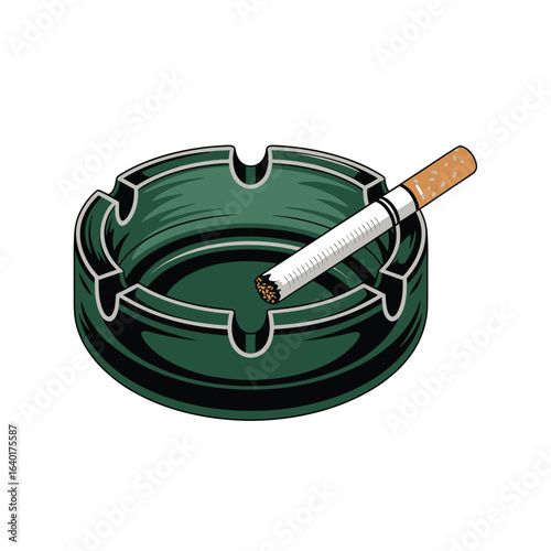 Green glass ashtray with a lit cigarette