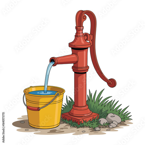 Vintage red water pump dispensing water into a yellow bucket