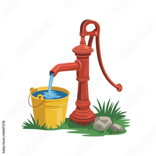 Vintage red water pump filling yellow bucket with water