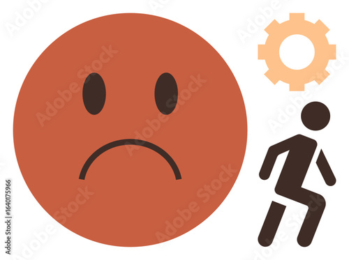 Large sad face, gear symbol, and walking figure. Ideal for burnout, stress, frustration, problem-solving, emotional struggle workplace pressure productivity challenges. Simple flat metaphor