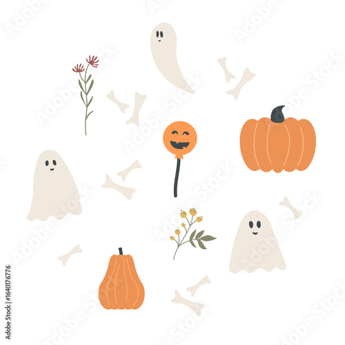 Hand drawn halloween elements and symbols in flat style. Spooky bones, candy and ghosts in doodle style. Autumn set in pastel colors