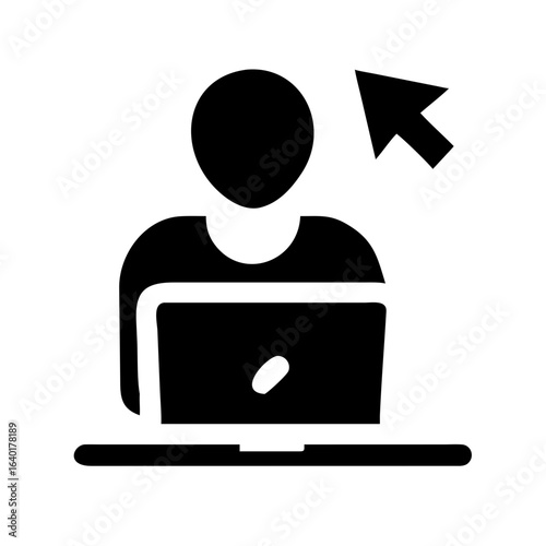 Person using laptop with cursor icon for online work and digital interaction concept representation