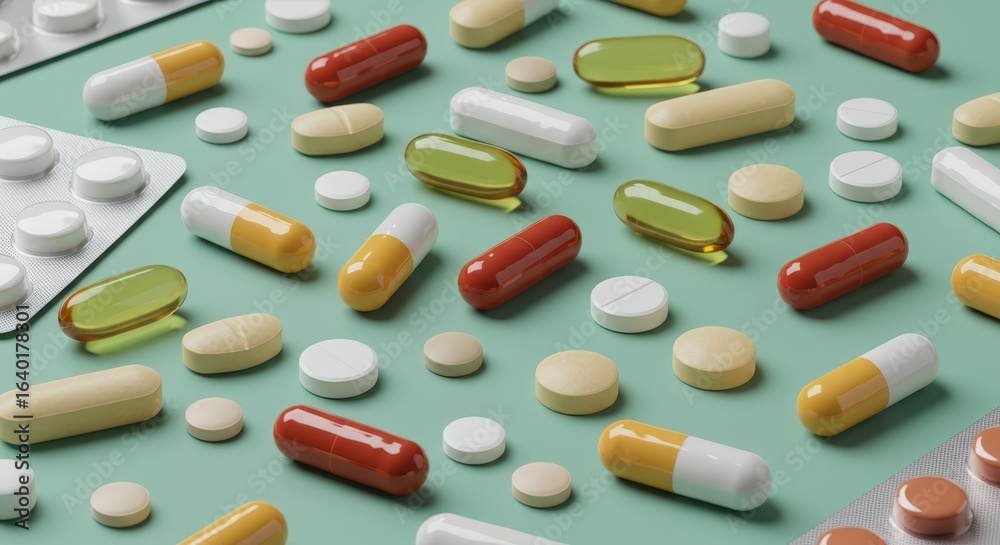 Medicine pills scattered on pastel mint surface Medicine pills scattered on pastel mint surface