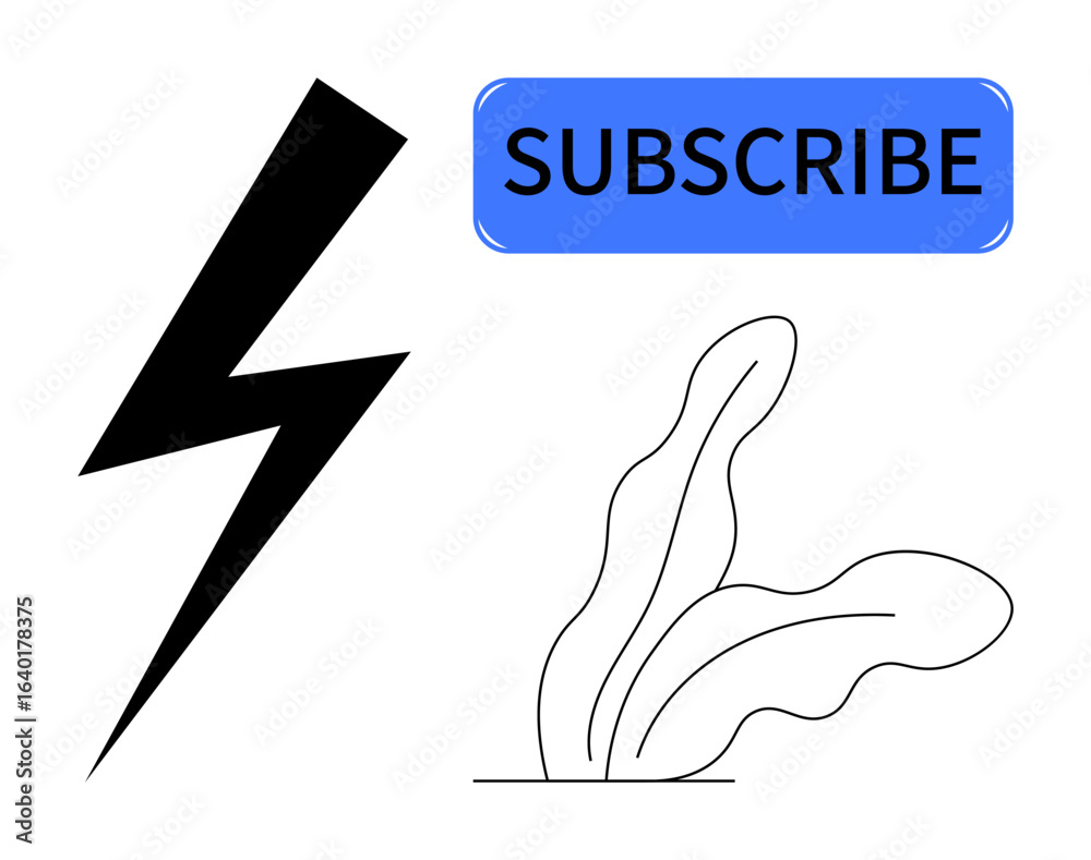 Fototapeta premium Lightning bolt, Subscribe in blue box, minimal plant line art. Ideal for newsletters, energy, call-to-action, minimalism, communication, digital marketing eco-concepts simple flat metaphor