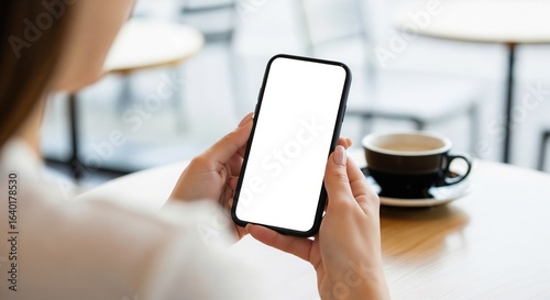 A woman from behind in a cafe setting, using a smartphone with a blank white screen (mockup).