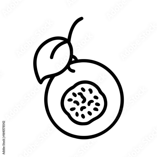 Illustration of a peach with a leaf and visible pit in a simple black and white outline style