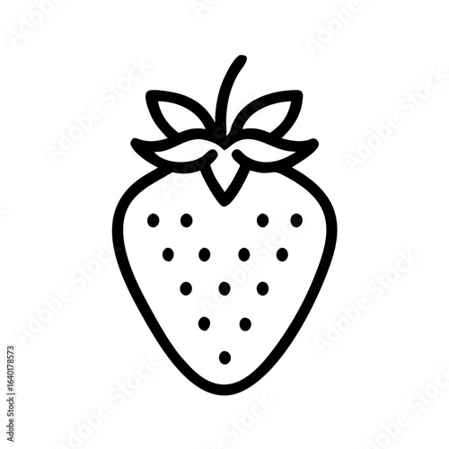 A simple line drawing of a strawberry with leaves and seeds in black and white outline design style