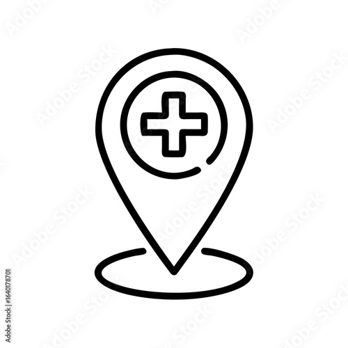 Outlined medical location pin icon showing a cross inside a circle on a map marker symbol design