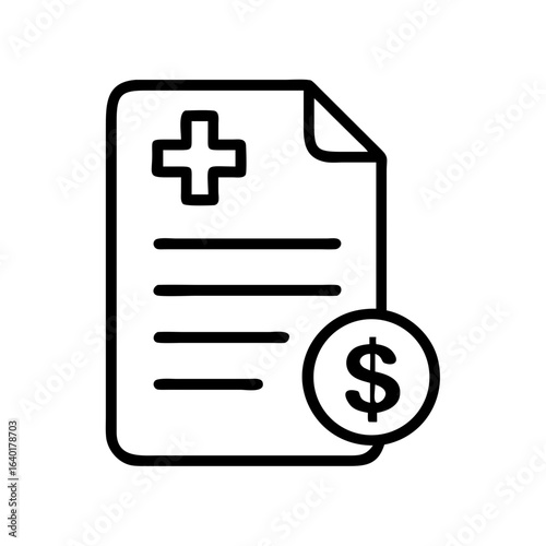 Medical bill icon showing a document with a plus sign and dollar coin representing healthcare costs and fees