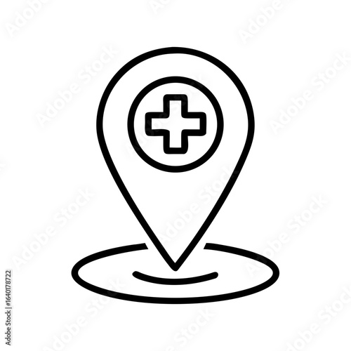 Outline of a medical location pin with a cross symbol indicating a hospital or healthcare facility location