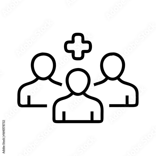 Three outline people with a plus sign above the center person in a black and white vector graphic