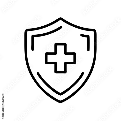 Outlined shield with a medical cross symbol representing health protection and safety in a simple design
