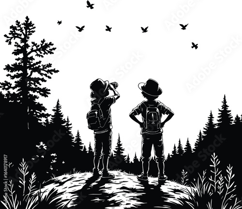 Two boys with backpacks observing birds in the sky with binoculars in a forest silhouette scene