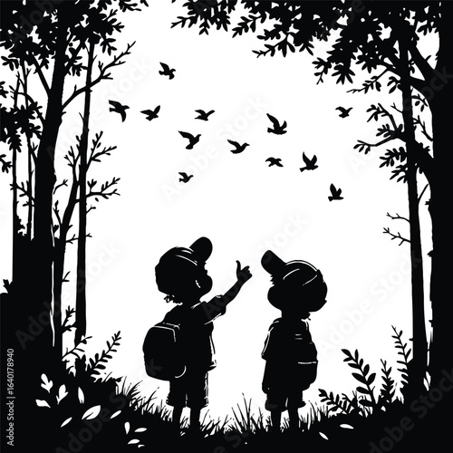 Silhouette of two boys with backpacks watching birds flying in a forest clearing with trees