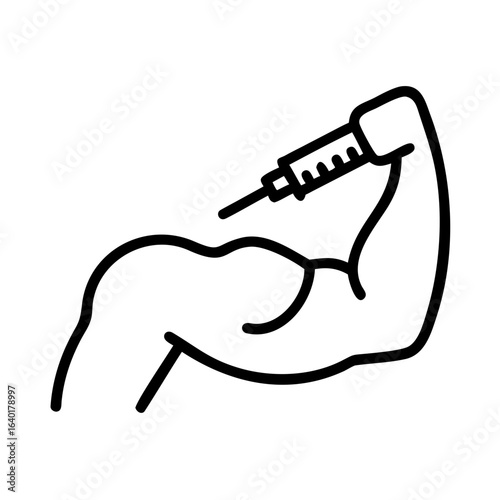 Illustration of a muscular arm receiving an injection with a syringe in a minimalist line art style