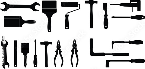 Silhouette tool set clipart, hand tools vector, wrench hammer screwdriver pliers paintbrush, black and white tool icons, DIY tool illustration