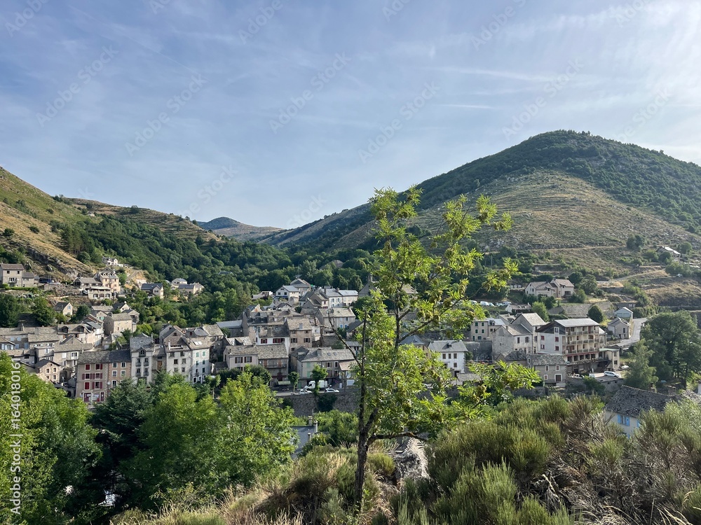 Fototapeta premium Scenic view of Le Bleymard village nestled in the Cévennes, seen from a forest vantage point. Perfect for rural, landscape, and nature photography.