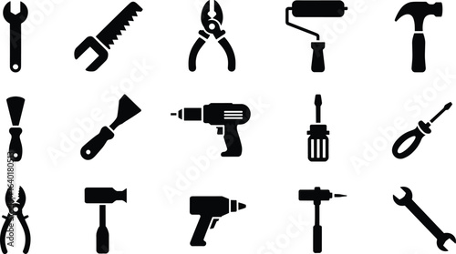 Tool Silhouette Set, Construction Icons, Hand Tool Vector, Black Shapes, Repair Equipment, Industrial Design, DIY Symbols, Workshop Essentials