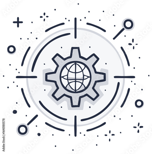 Gray Globe Inside Gear Icon Surrounded by Dashed Lines and Dots