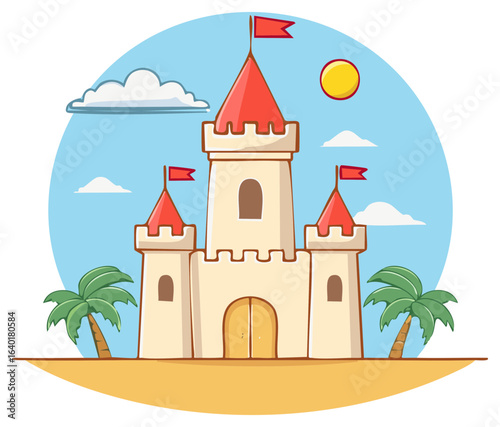 Cartoon castle with flags, sun, clouds, and palm trees illustration