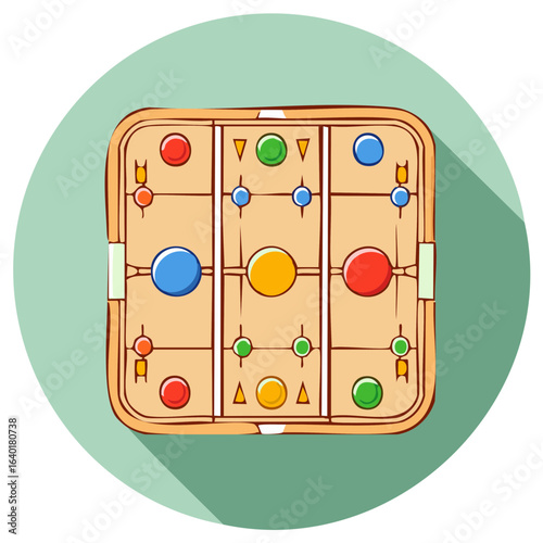 Hand-Drawn Carrom Board Illustration with Colorful Circles and Triangles Pieces for Indoor Games