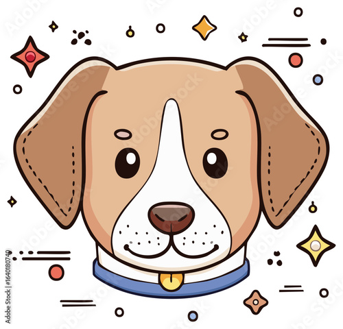 Cartoon Dog Portrait with Collar and Sparkles Illustration, Pet Animal Icon Design