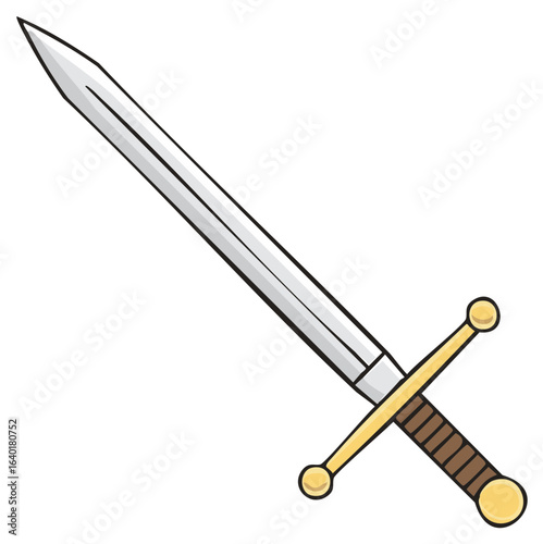 Classic medieval longsword cartoon illustration with a golden hilt