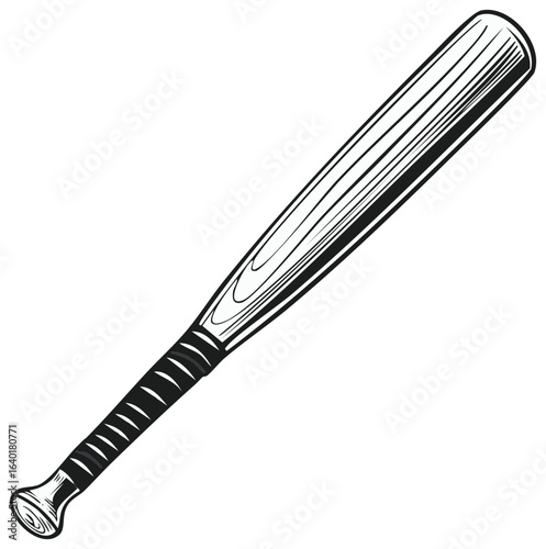 A classic wooden baseball bat with a taped handle shown in a black and white line art illustration