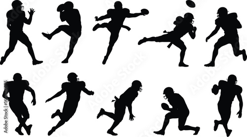 American football player silhouettes, NFL athlete poses, black vector icons, quarterback throw, running back, kicker, football action figures