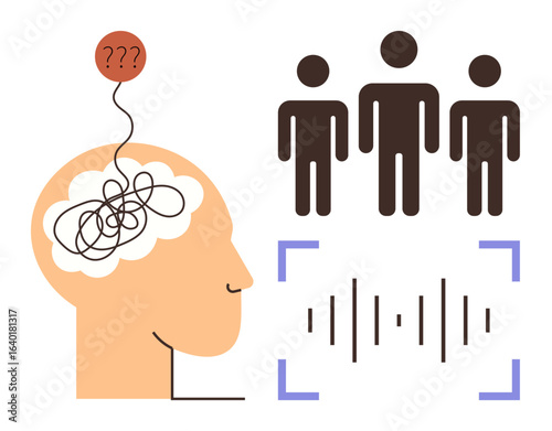 Human head with tangled thoughts and questioning balloon, three figures, sound waves with a focus frame. Ideal for mental health, communication, teamwork, problem-solving, decision-making, learning